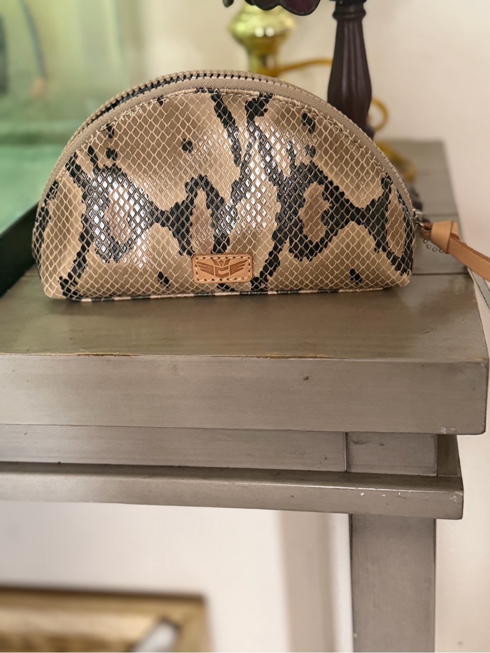 Consuela Snake-Print Half-Moon Cosmetic Pouch in Beige and Black